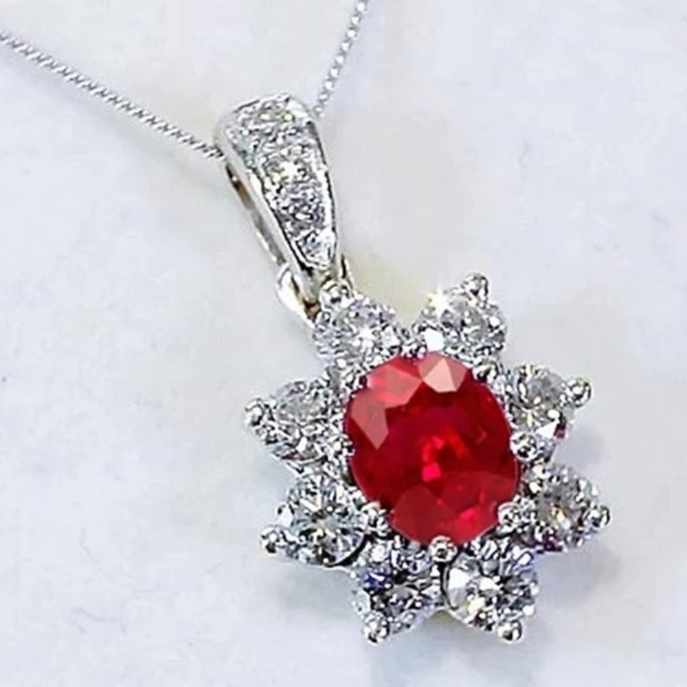 💥Silver Plated Crystal Flower Vintage Oval Cut Ruby Gemstone Necklace,UNVN12477
